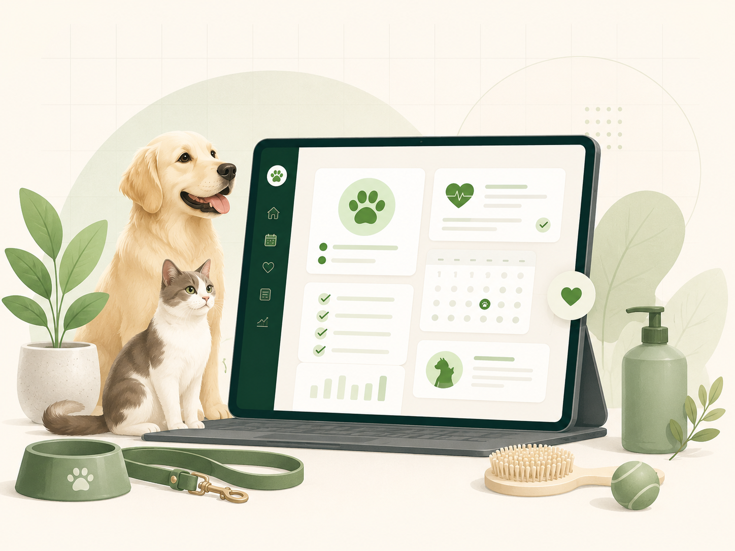Dog, cat, and digital pet-care dashboard illustration